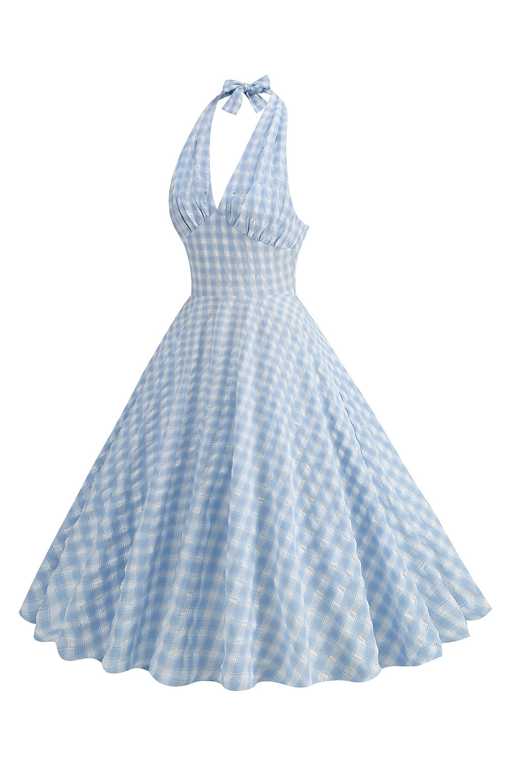 Blaues kariertes Neckholder Kleid aus den 1950er Jahren mit Schleife