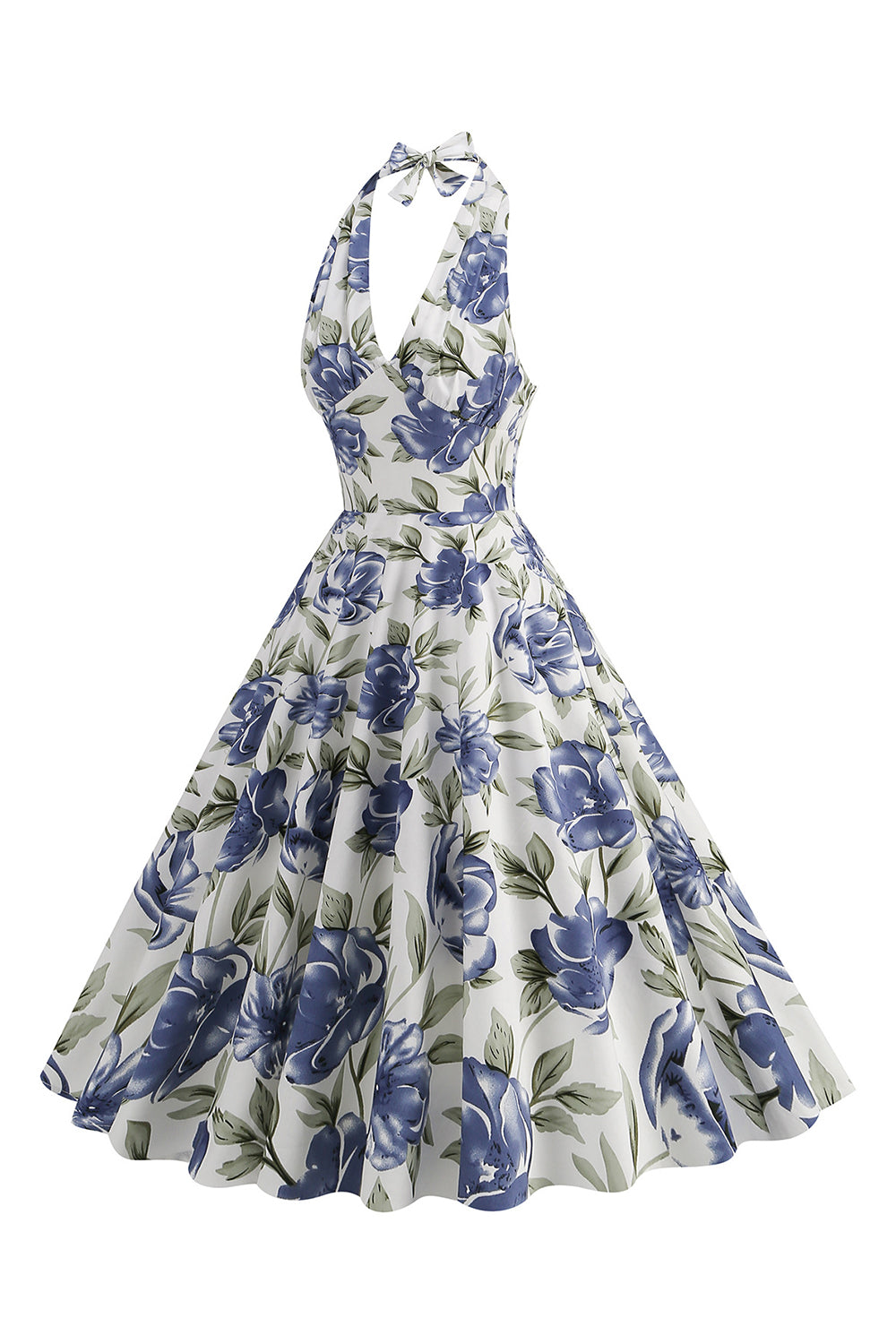 Neckholder Weißes blaues A-Linie Kleid mit Blumendruck aus den 1950er Jahren