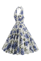 Neckholder Weißes blaues A-Linie Kleid mit Blumendruck aus den 1950er Jahren