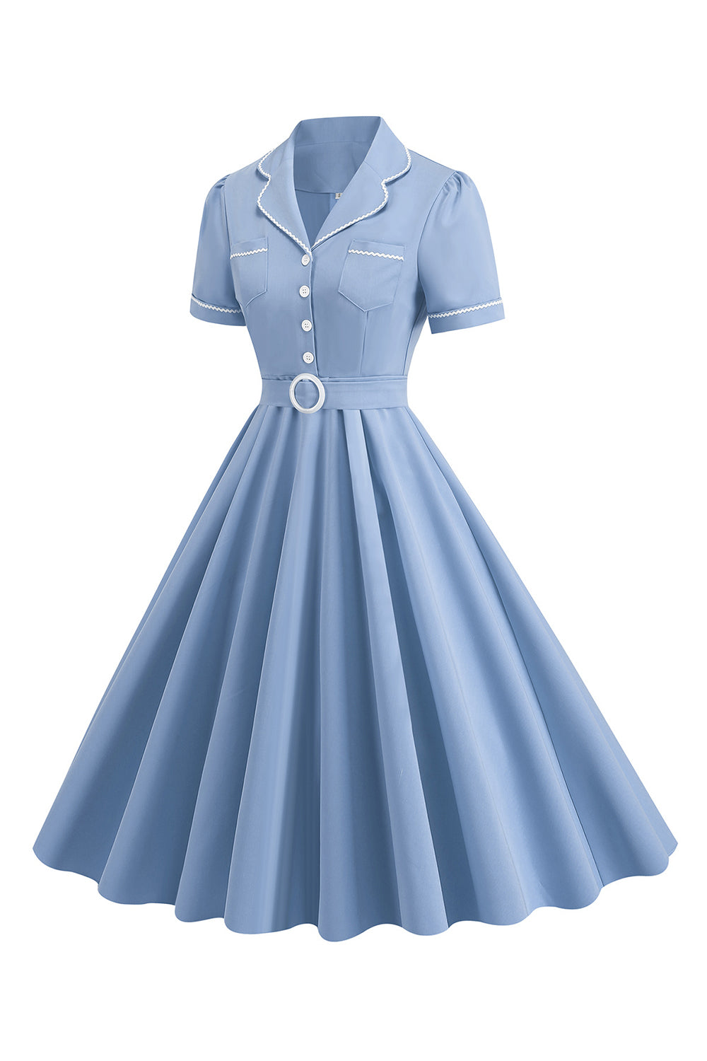 Blaues A-Linie Revers Vintage Kleid aus den 1950er Jahren mit Knöpfen