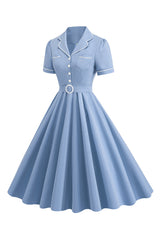 Blaues A-Linie Revers Vintage Kleid aus den 1950er Jahren mit Knöpfen