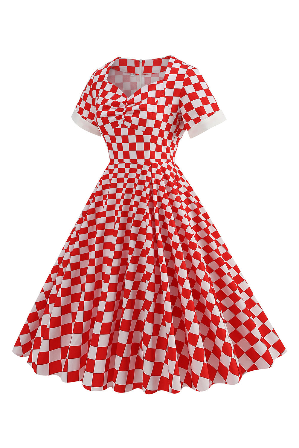 A Linie Rot kariertes Vintage Kleid aus den 1950er Jahren mit kurzen Ärmeln