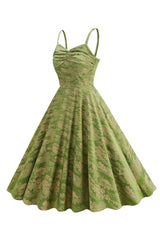 A Linie Armeegrünes Spaghettiträger bedrucktes Vintage Kleid aus den 1950er Jahren