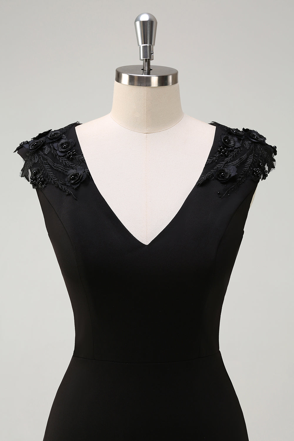 Schwarzes langes A-Linie V-Ausschnitt Brautjungfernkleid mit Pailletten