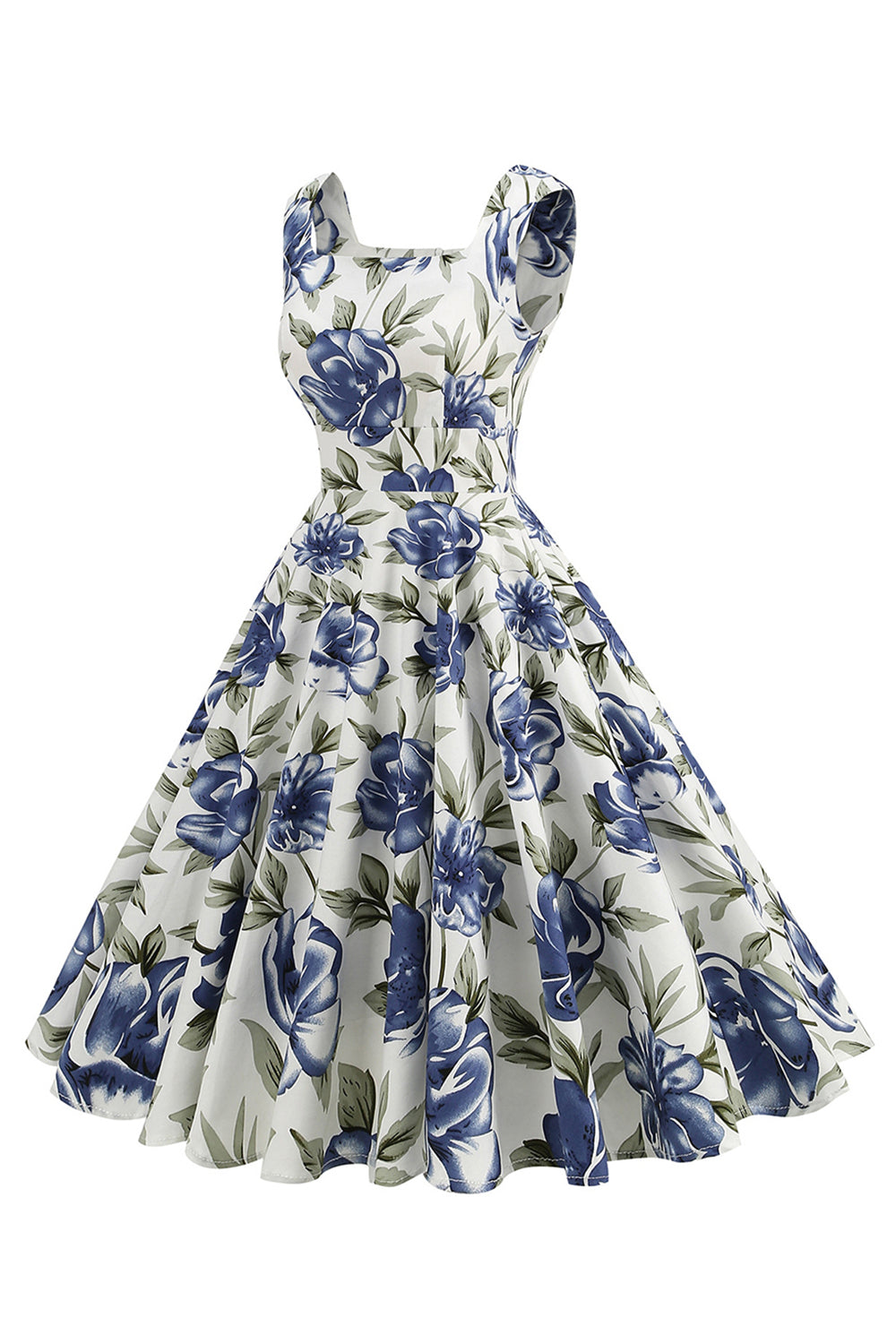 Blaues Vintage Kleid mit Blumendruck und quadratischem Ausschnitt aus den 1950er Jahren