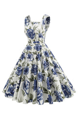 Blaues Vintage Kleid mit Blumendruck und quadratischem Ausschnitt aus den 1950er Jahren