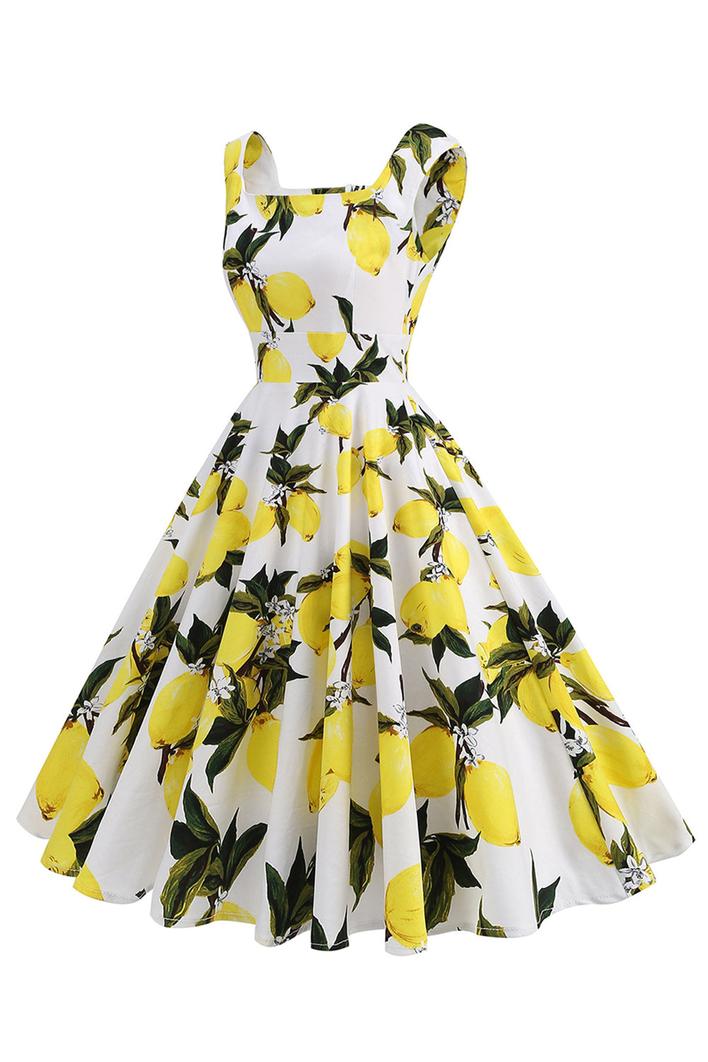 Blaues Vintage Kleid mit Blumendruck und quadratischem Ausschnitt aus den 1950er Jahren