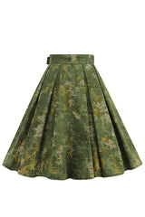 1950er Armee Grün geblümter plissierter Swing rock
