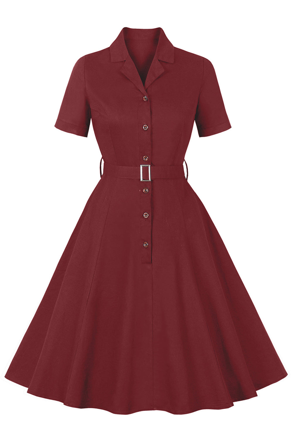 Einfaches burgunderrotes Vintage Kleid mit Reversausschnitt aus den 1950er Jahren