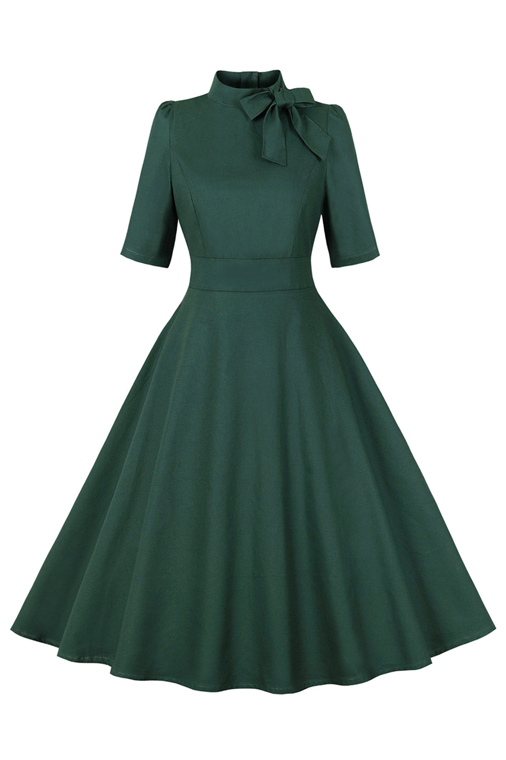 Dunkelgrünes Vintage Kleid aus den 1950er Jahren mit Stehkragen