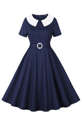 Marineblaues A-Linie Vintage 1950er Jahre Kleid mit Rundhalsausschnitt