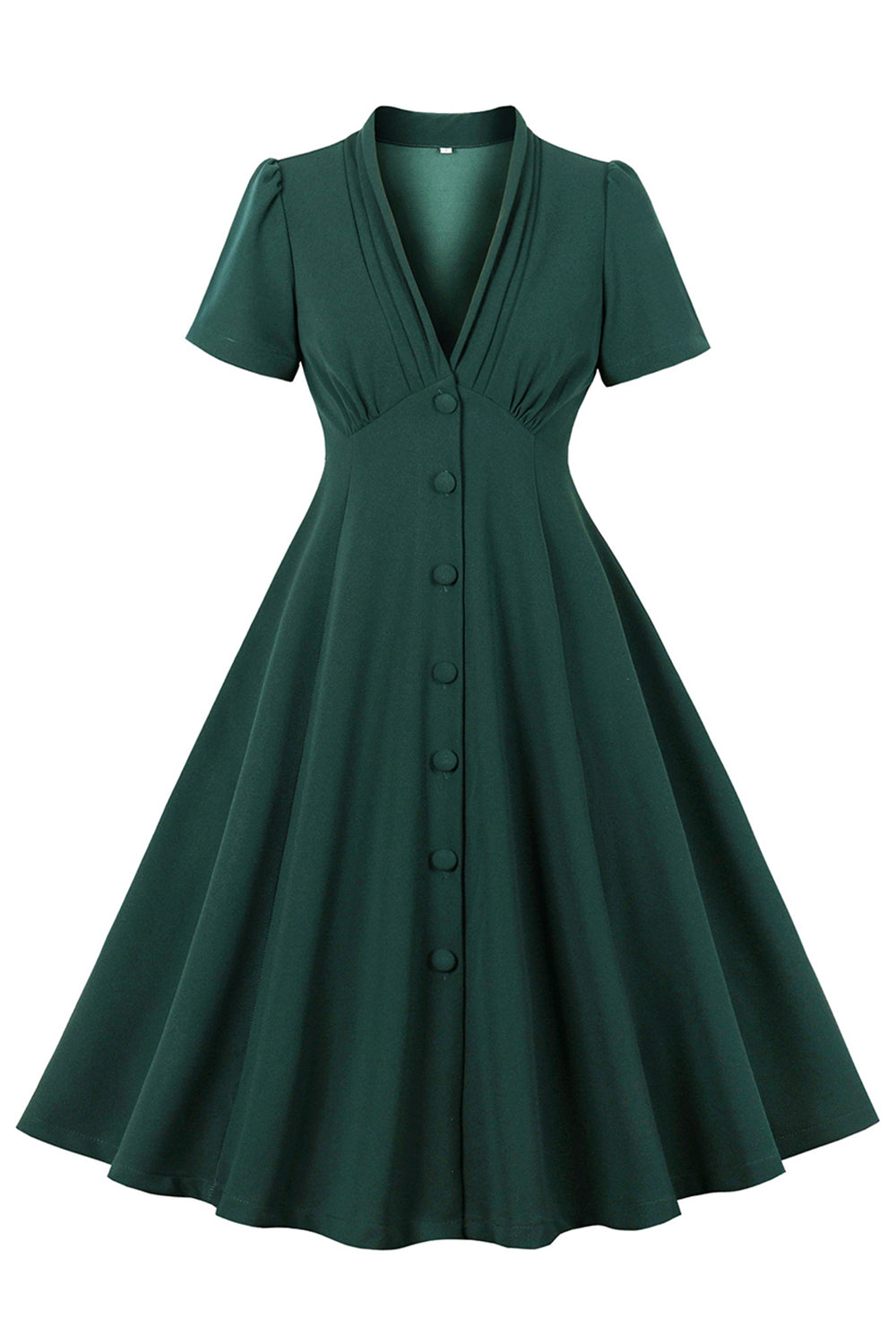 Dunkelgrünes einreihiges Kleid mit V-Ausschnitt aus den 1950er Jahren