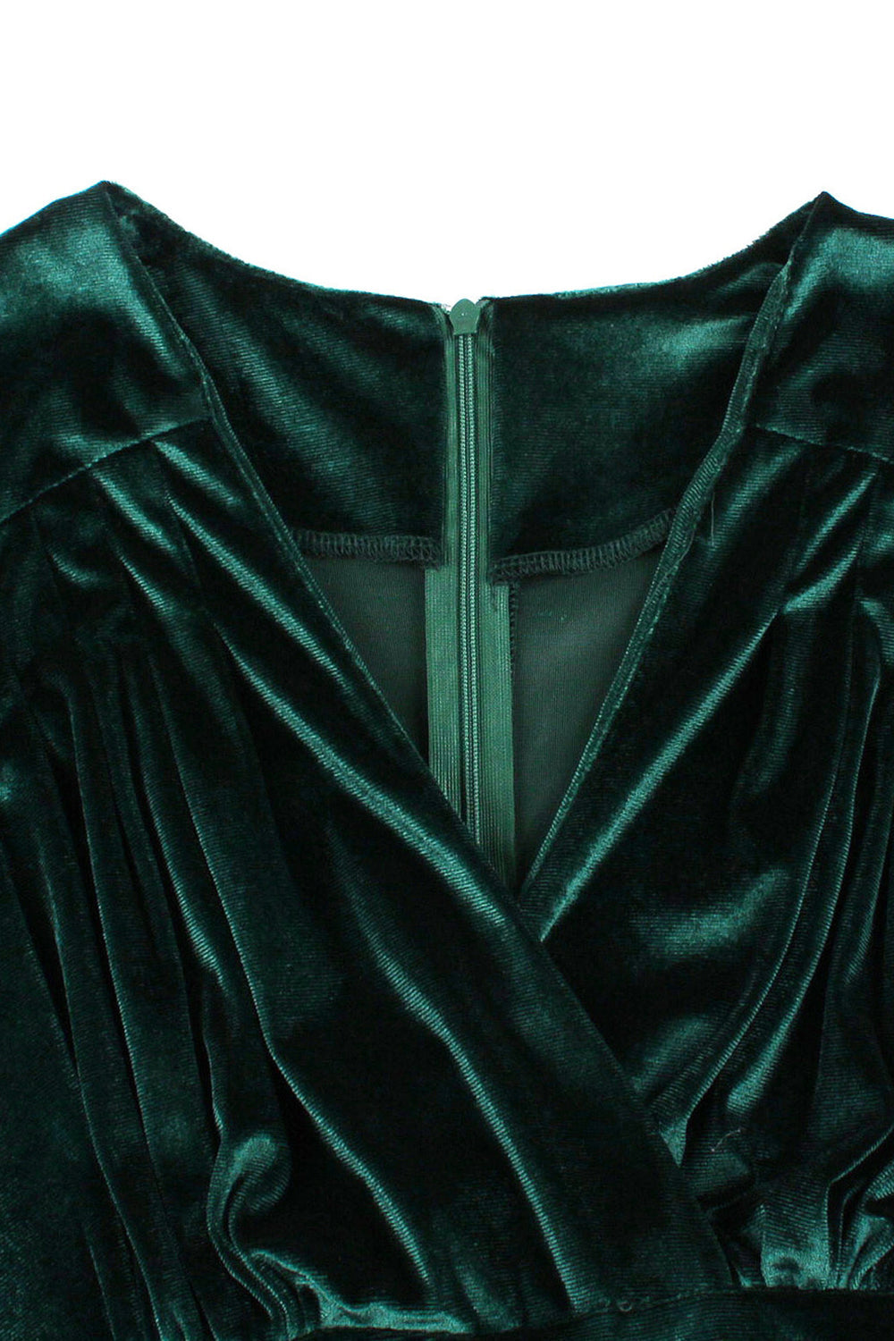 Dunkelgrünes Samtkleid mit V-Ausschnitt und Rüschen aus den 1950er Jahren