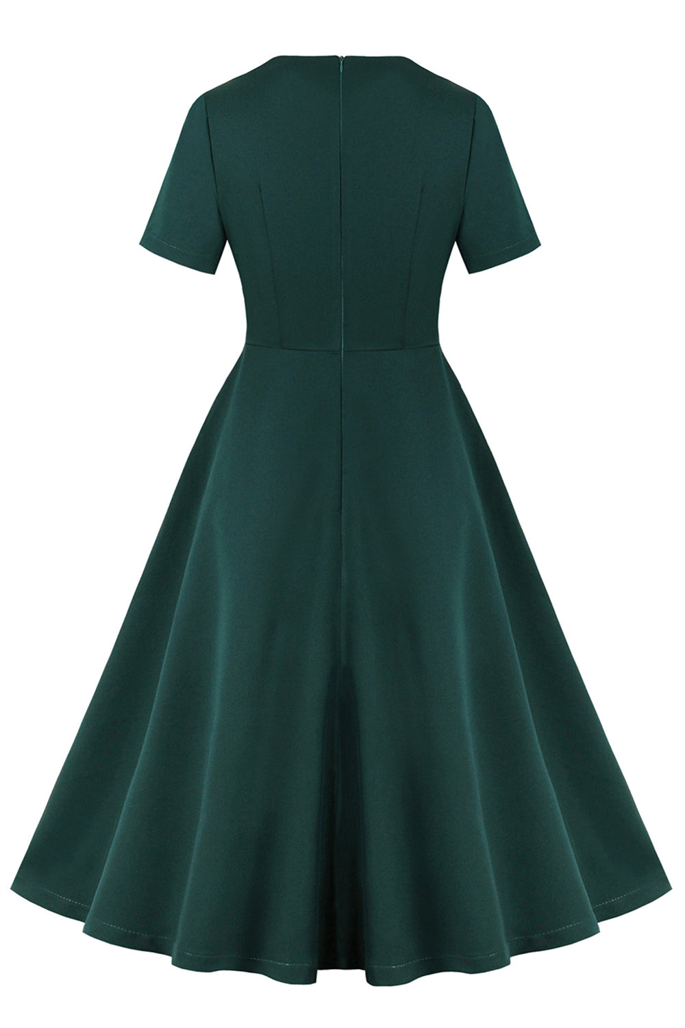 Dunkelgrünes kurzärmeliges Kleid mit Rüschen aus den 1950er Jahren