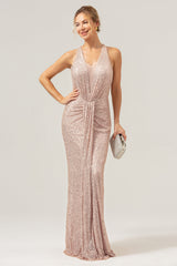 Zapaka Damen Glitzer Blush Ballkleid Meerjungfrau Halfter Rückenfreies Langes Abendkleid