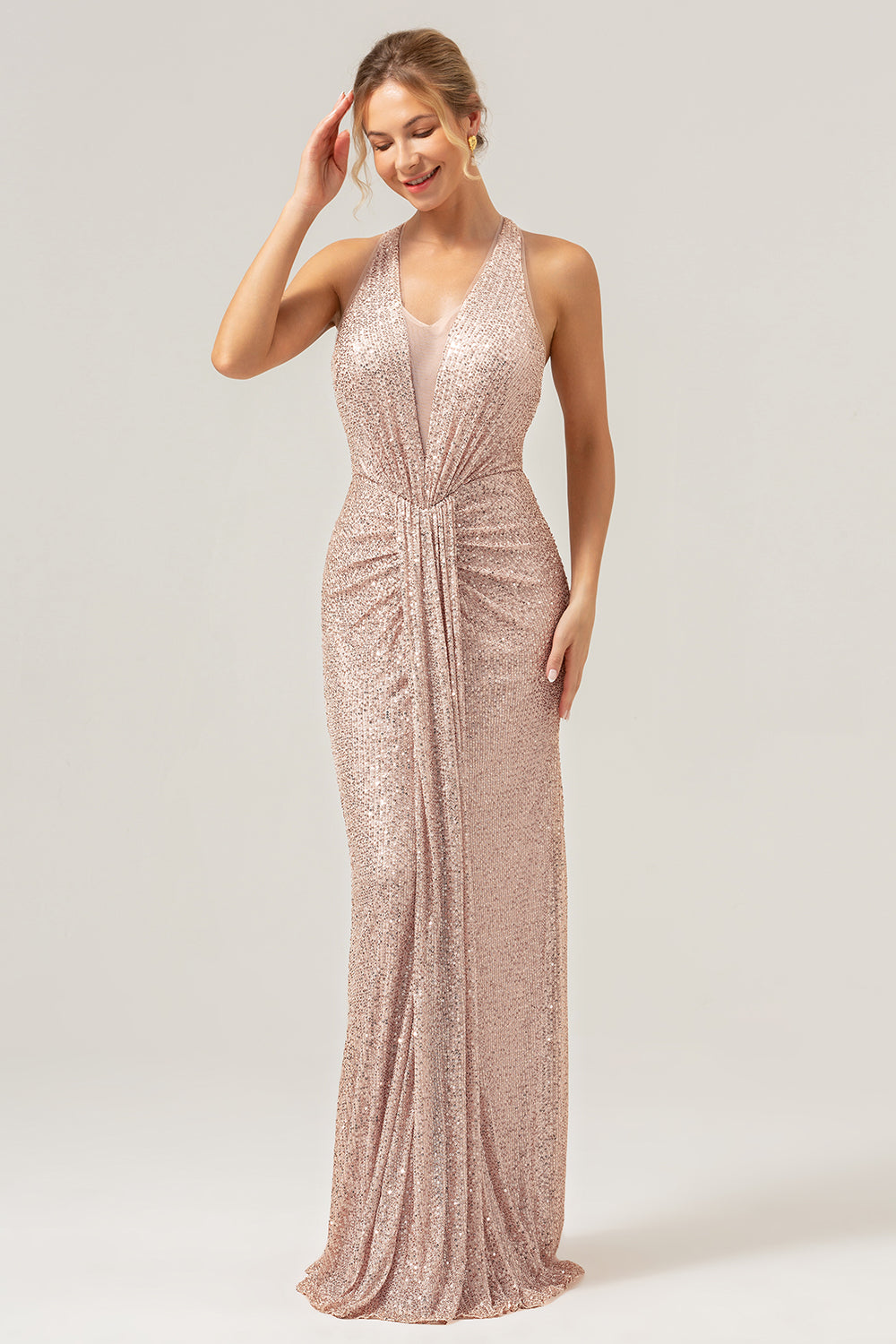 Glitter Blush Meerjungfrau Neckholder Rückenfreies Langes Ballkleid