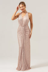 Glitter Blush Meerjungfrau Neckholder Rückenfreies Langes Ballkleid