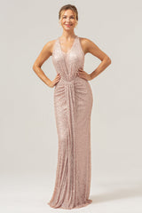 Glitter Blush Meerjungfrau Neckholder Rückenfreies Langes Ballkleid