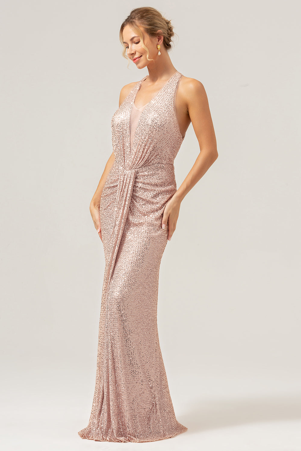 Glitter Blush Meerjungfrau Neckholder Rückenfreies Langes Ballkleid