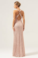 Glitter Blush Meerjungfrau Neckholder Rückenfreies Langes Ballkleid