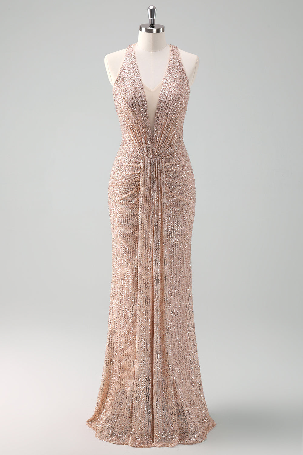 Zapaka Damen Glitzer Blush Ballkleid Meerjungfrau Neckholder Rückenfreies Langes Abendkleid