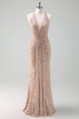 Zapaka Damen Glitzer Blush Ballkleid Meerjungfrau Neckholder Rückenfreies Langes Abendkleid