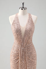 Glitter Blush Meerjungfrau Neckholder Rückenfreies Langes Abendkleid