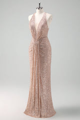 Glitter Blush Meerjungfrau Neckholder Rückenfreies Langes Abendkleid