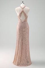 Glitter Blush Meerjungfrau Neckholder Rückenfreies Langes Abendkleid