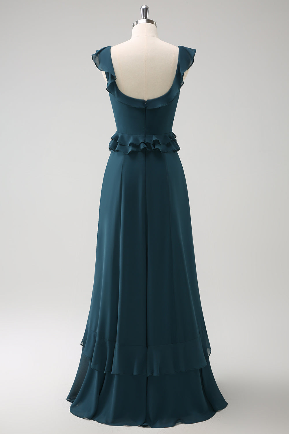 A-Linie Dunkles Pfauengrünes Langes Brautjungfernkleid aus Chiffon mit U-Ausschnitt