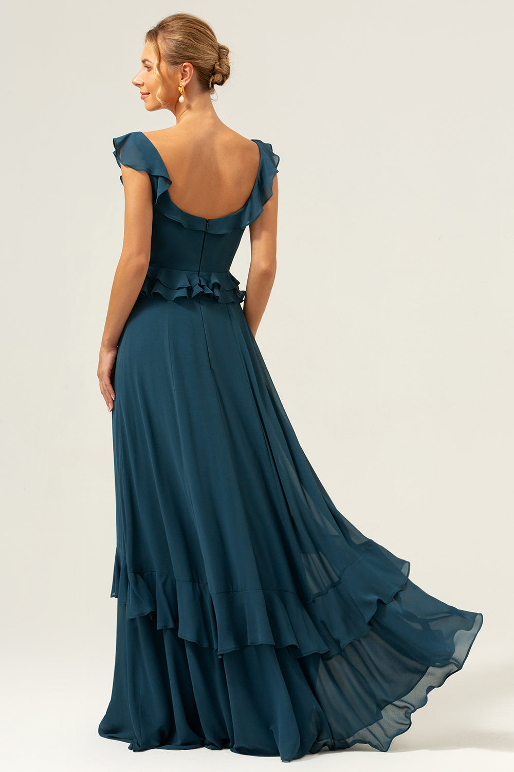 A-Linie Dunkles Pfauengrünes Langes Brautjungfernkleid aus Chiffon mit U-Ausschnitt