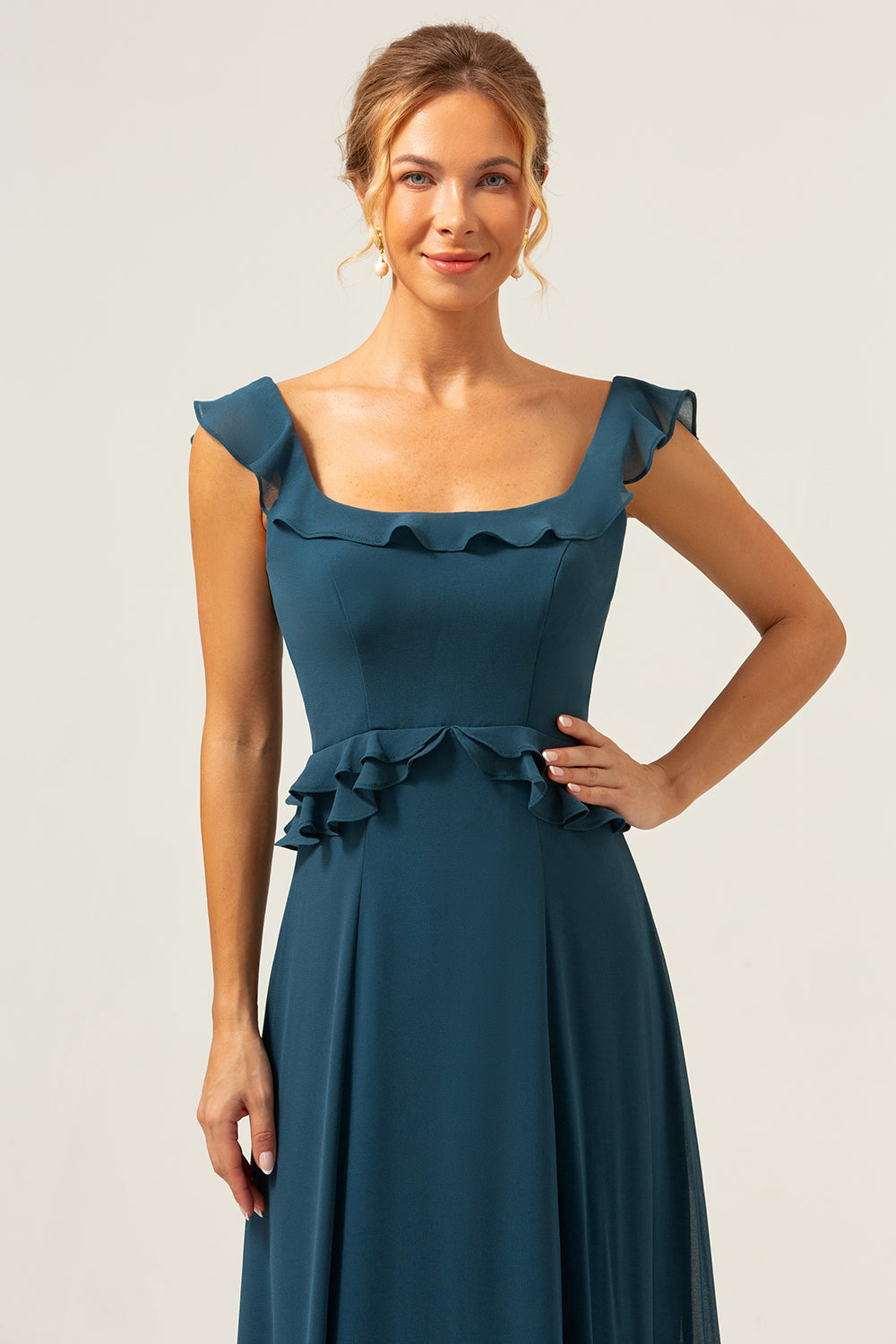 A-Linie Dunkles Pfauengrünes Langes Brautjungfernkleid aus Chiffon mit U-Ausschnitt