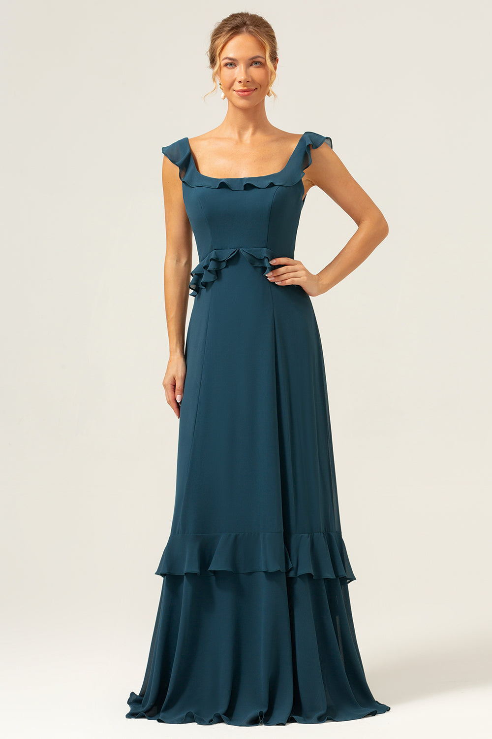 A-Linie Dunkles Pfauengrünes Langes Brautjungfernkleid aus Chiffon mit U-Ausschnitt