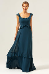Zapaka Damen Langes A-Linie Brautjungfernkleid Dunkles Pfauengrünes Chiffon Hochzeitsgastkleid mit U-Ausschnitt