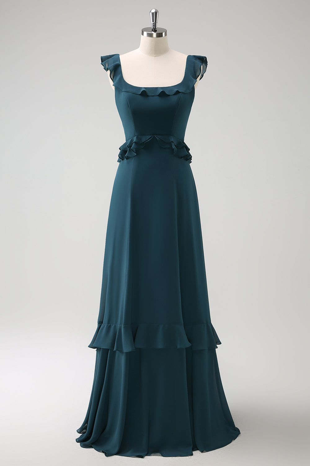 A-Linie Dunkles Pfauengrünes Langes Brautjungfernkleid aus Chiffon mit U-Ausschnitt