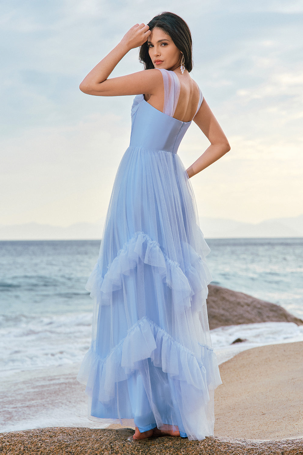 Blaues Tüll Korsett Brautjungfernkleid mit Rüschen