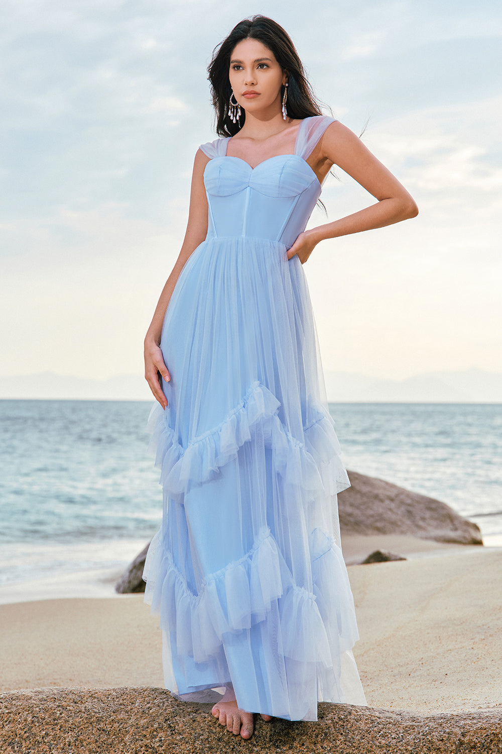 Blaues Tüll Korsett Brautjungfernkleid mit Rüschen