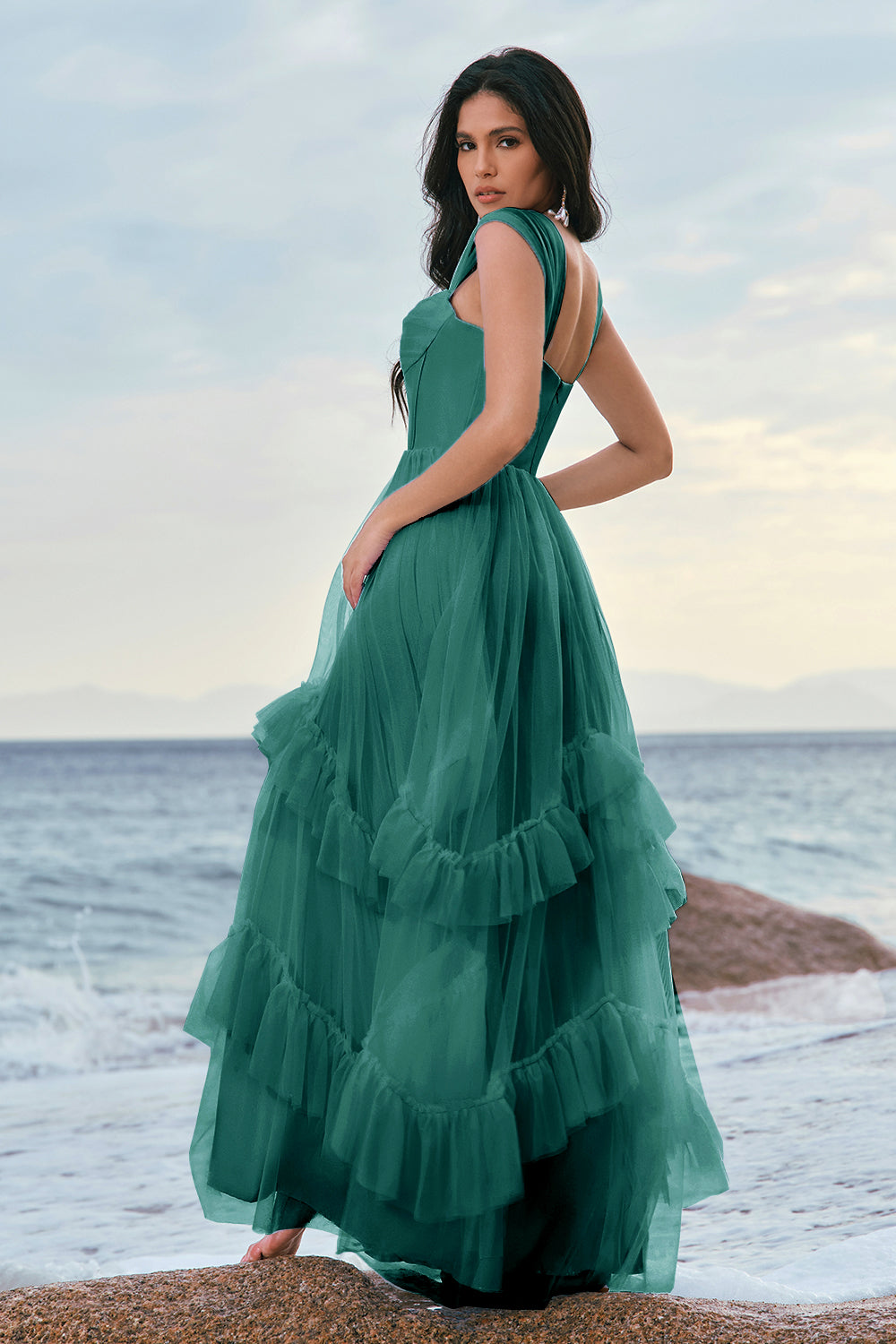Blaues Tüll Korsett Brautjungfernkleid mit Rüschen