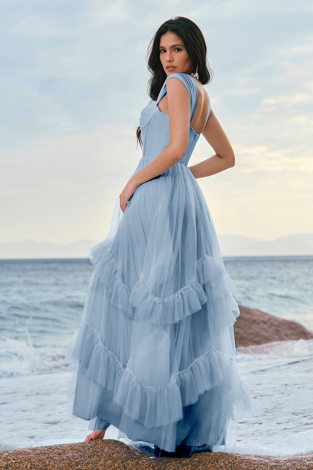 Blaues Tüll Korsett Brautjungfernkleid mit Rüschen
