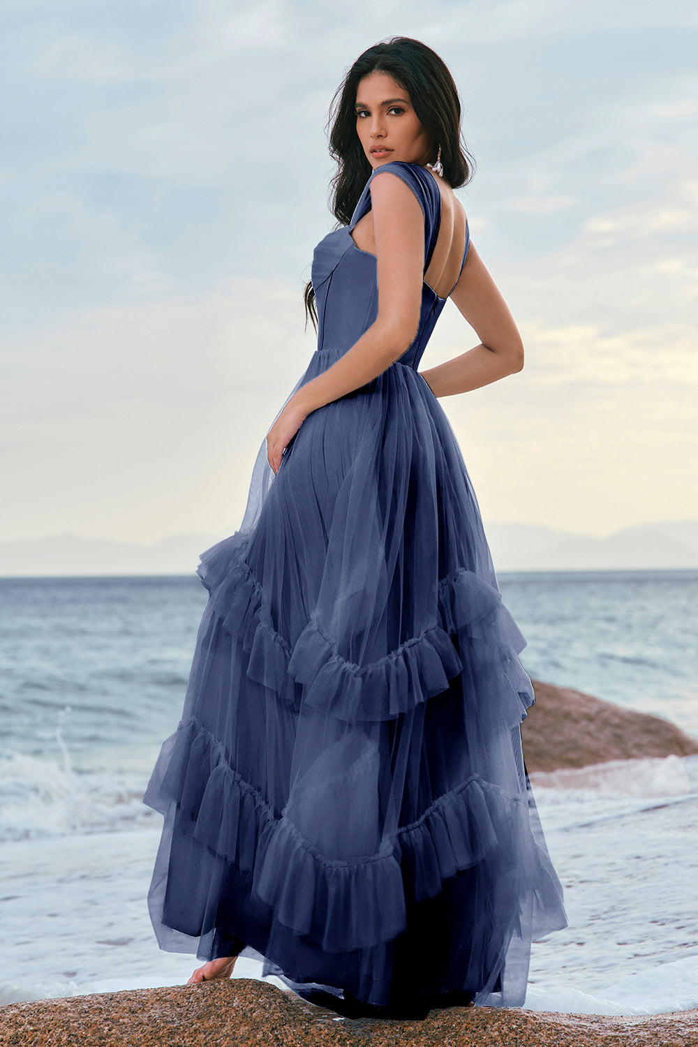 Blaues Tüll Korsett Brautjungfernkleid mit Rüschen