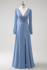 A Linie Grau Blau V-Ausschnitt Chiffon Brautjungfernkleid mit langen Ärmeln