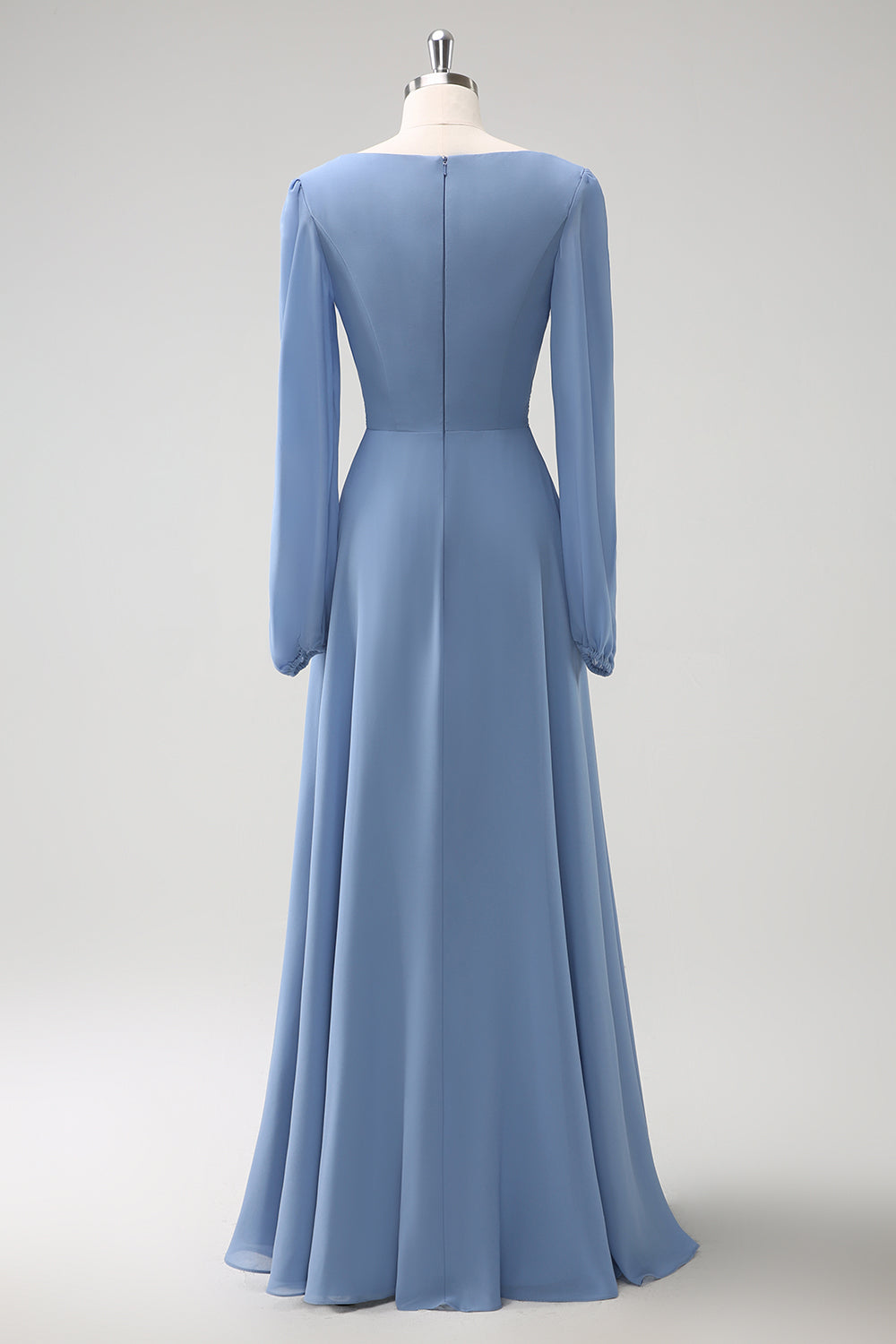 A Linie Grau Blau V-Ausschnitt Chiffon Brautjungfernkleid mit langen Ärmeln