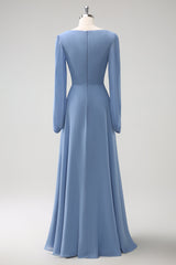 A Linie Grau Blau V-Ausschnitt Chiffon Brautjungfernkleid mit langen Ärmeln
