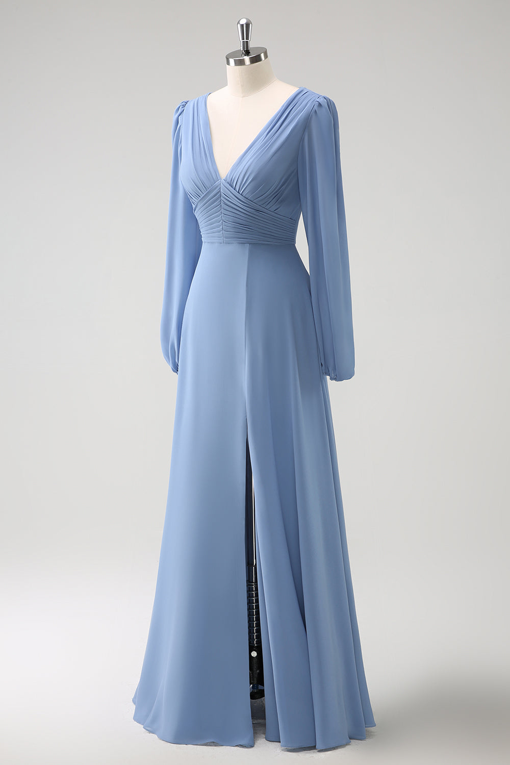 A Linie Grau Blau V-Ausschnitt Chiffon Brautjungfernkleid mit langen Ärmeln
