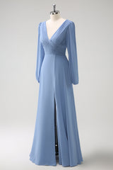 A Linie Grau Blau V-Ausschnitt Chiffon Brautjungfernkleid mit langen Ärmeln