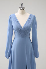 A Linie Grau Blau V-Ausschnitt Chiffon Brautjungfernkleid mit langen Ärmeln