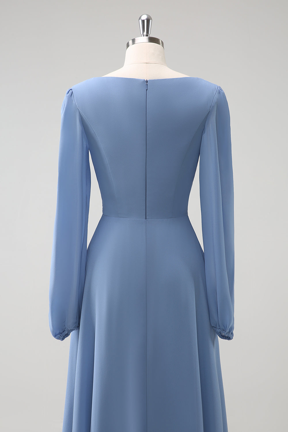 A Linie Grau Blau V-Ausschnitt Chiffon Brautjungfernkleid mit langen Ärmeln