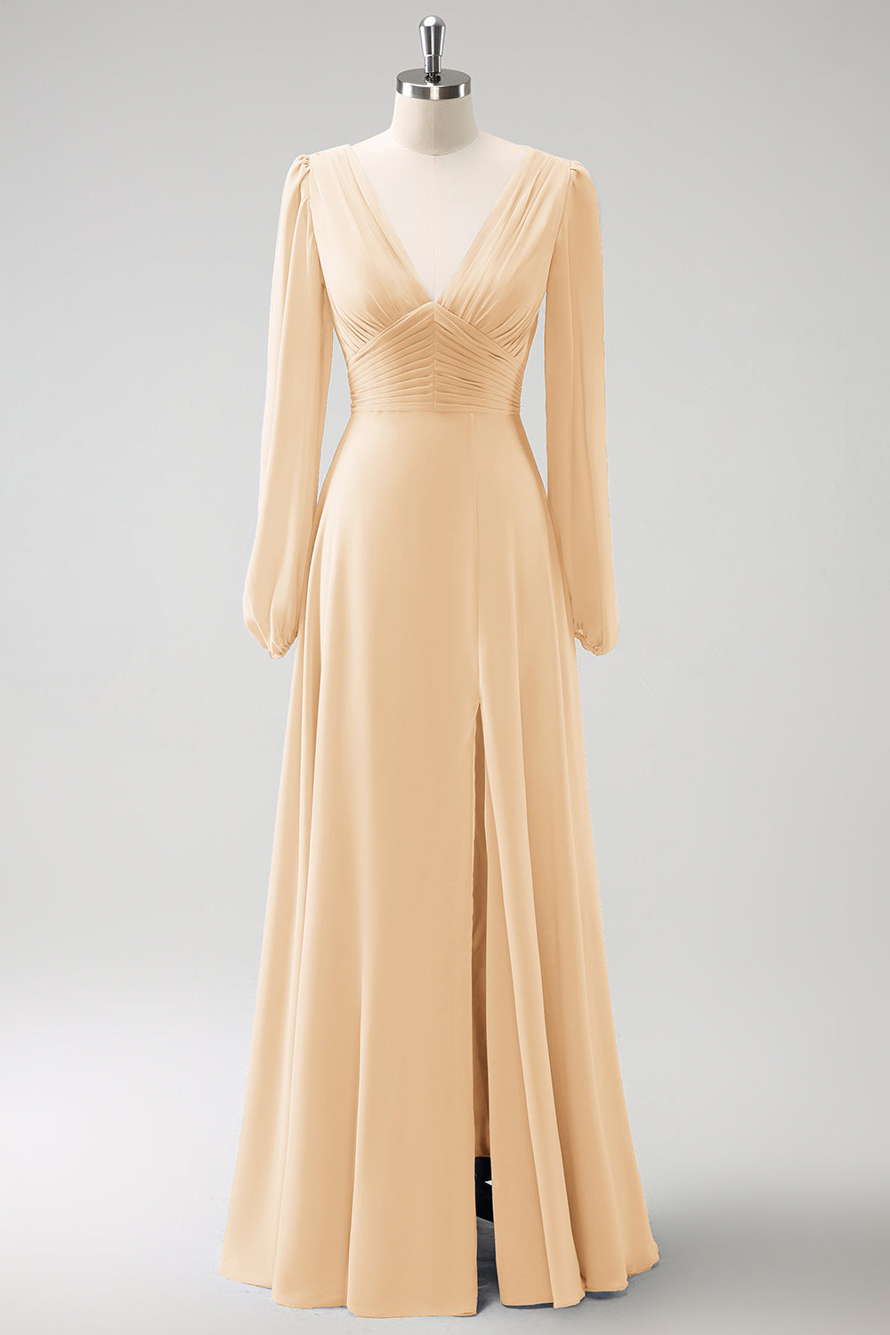 A Linie Grau Blau V-Ausschnitt Chiffon Brautjungfernkleid mit langen Ärmeln