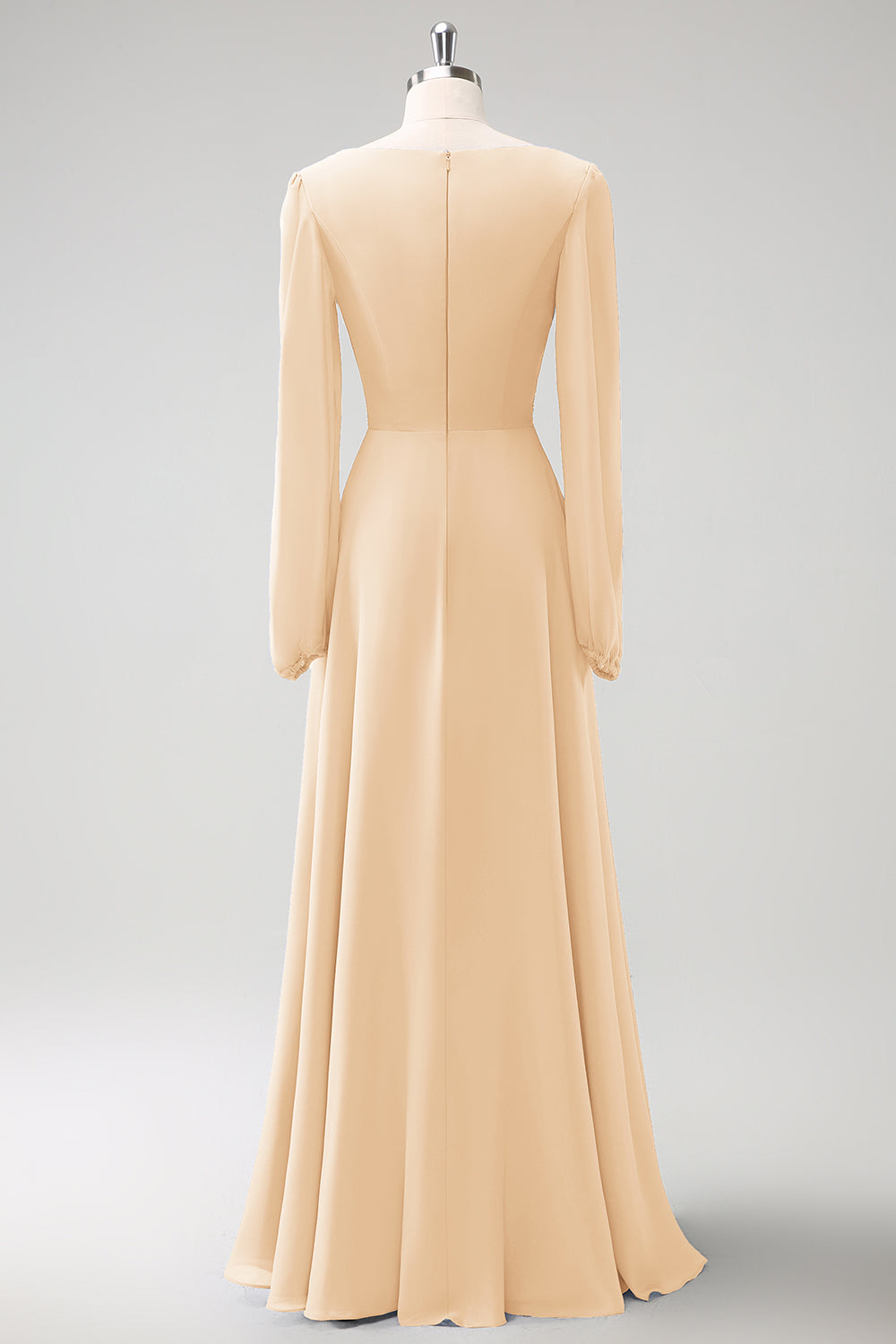 A Linie Grau Blau V-Ausschnitt Chiffon Brautjungfernkleid mit langen Ärmeln