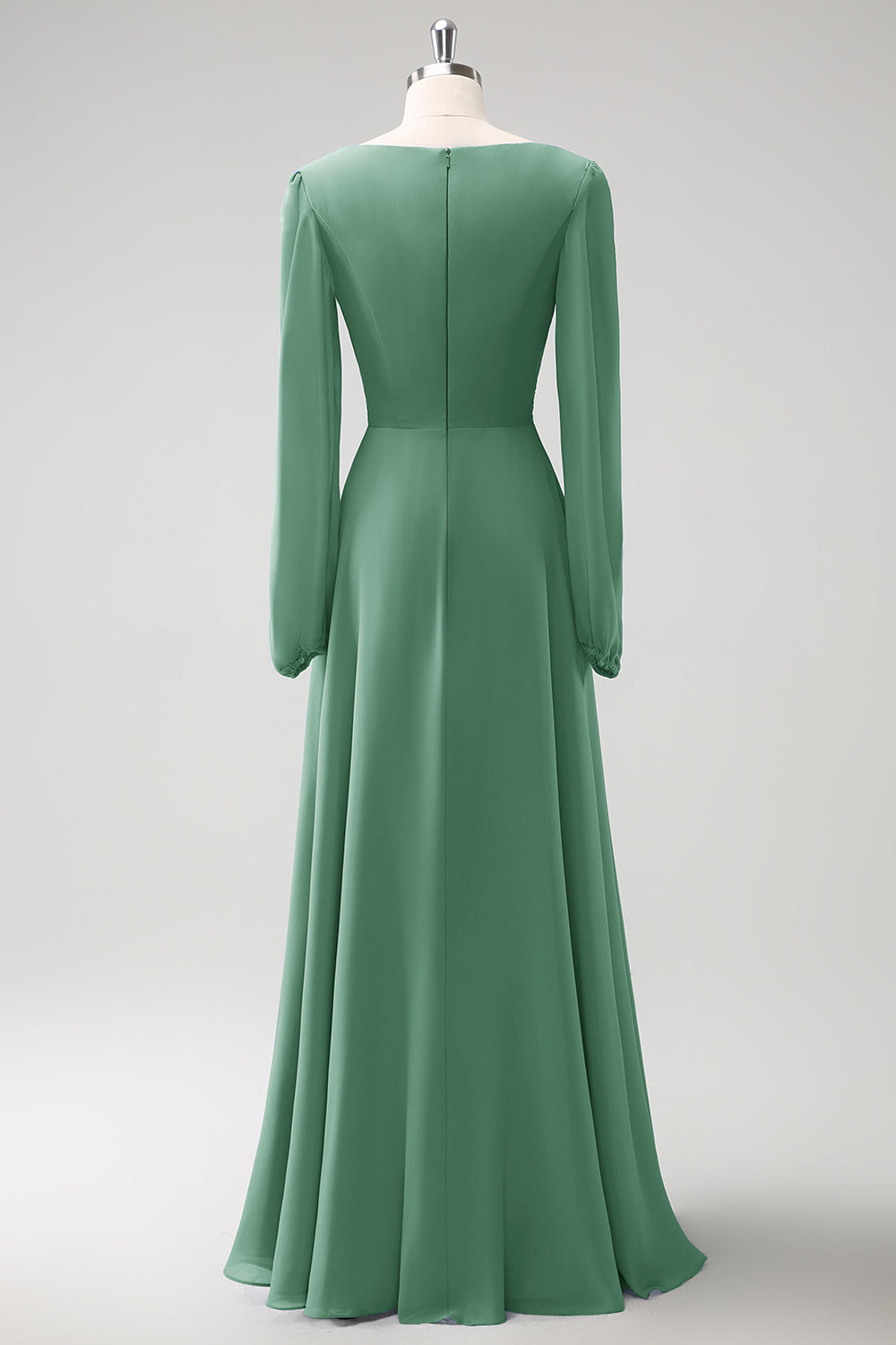 A Linie Grau Blau V-Ausschnitt Chiffon Brautjungfernkleid mit langen Ärmeln